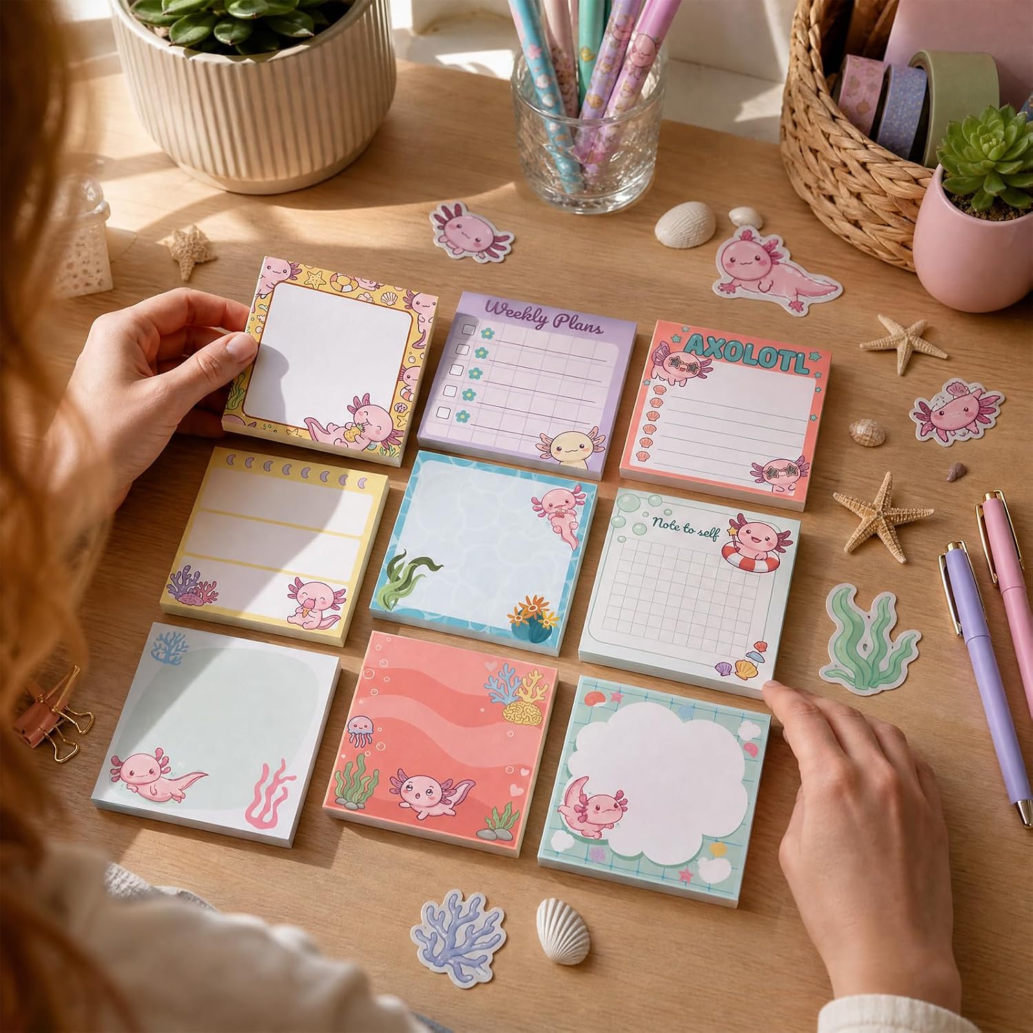 9-Pad Axolotl Themed Sticky Notes