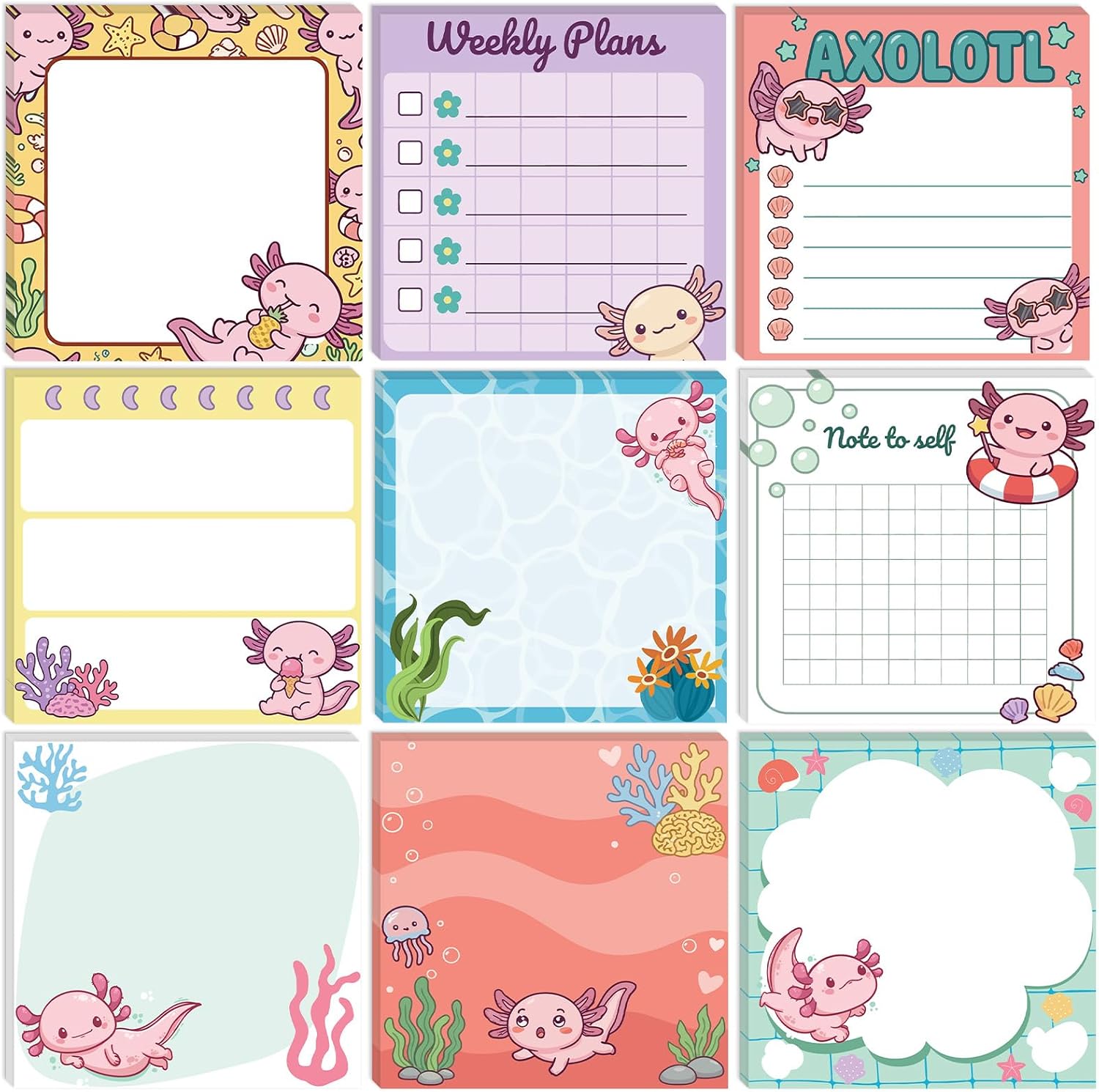 9-Pad Axolotl Themed Sticky Notes